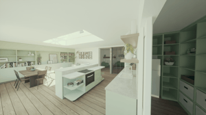 render of light filled kitchen dining living area