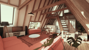 A computer generate image of the internal open plan living room of a new build family home in Bissoe, Truro, Cornwall