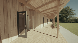 A computer generated image of the entrance canopy of the new Stithians Community Pavilion