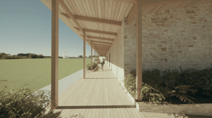 A computer generated image of the rear walkway of the new Stithians Community Pavilion
