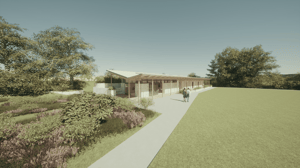 A computer generated image of the outside of the walk up to the new Stithians Community Pavilion