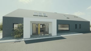 Computer generated image of a renovation project in Truro. Large crisp white entrance with contemporary natural slate walls and roof.
