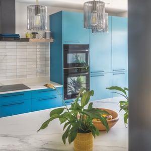 peace lilly in foreground on kitchen island with teal kitchen units behind