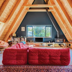 internal view of A-frame structure and large sitting room