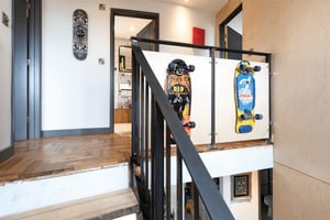 retro skateboards fixed to the staircase guarding