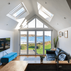 view from kitchen worktop out toward Gyllyngvase beach in Falmouth