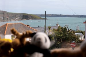 view from bedroom window of falmouth harbour with teddies in the foreground