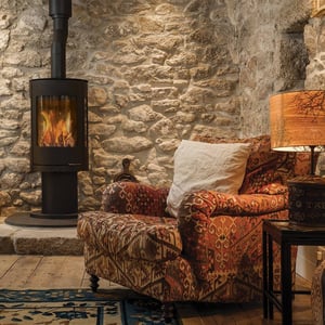 armchair next to roaring fire and bare stone walls