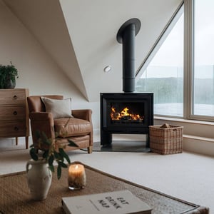 lit wood burner with brown chair next to it and large window