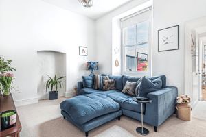 cosy snug with blue sofa and lots of plants