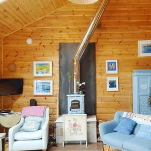 internal view of small woodburner and timber clad walls