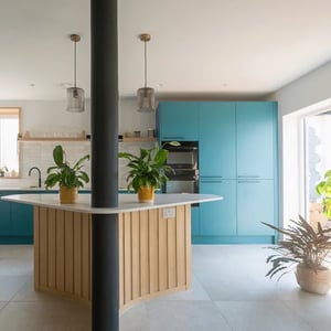 new kitchen with featured triangular island